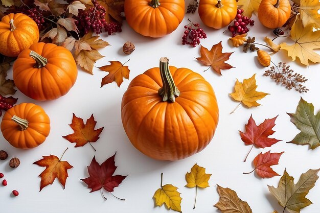 Herfstcompositie pompoen en herfstbladeren op wit