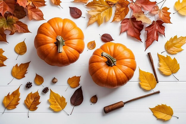 Herfstcompositie pompoen en herfstbladeren op wit