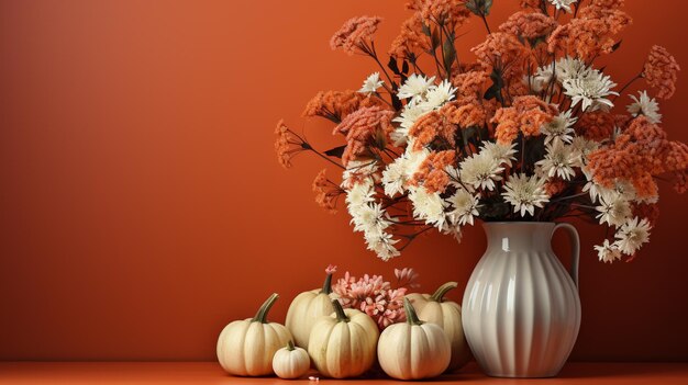 Foto herfstcompositie rode bloemen en gedroogde bladeren op een houten tafel