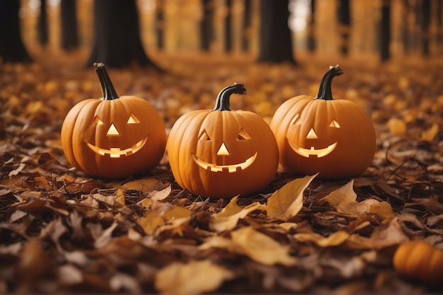 Herfstcompositie van drie pompoenen voor Halloween met grappige gezichten en glimlachen in de natuur in het bos