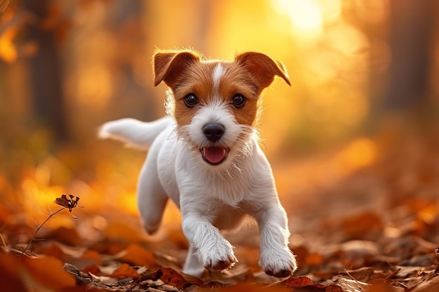 Herfstenergie Jack Russell terrier puppy loopt vrolijk door het bos