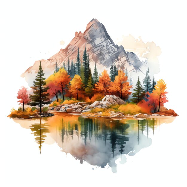 Herfstgebergte met herfstbomen bij een meer met levendige herfstkleuren