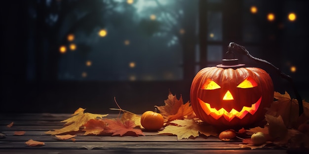 Herfstgebladertekaarsen en Halloween-pompoenen op een houten achtergrond Generatieve Ai