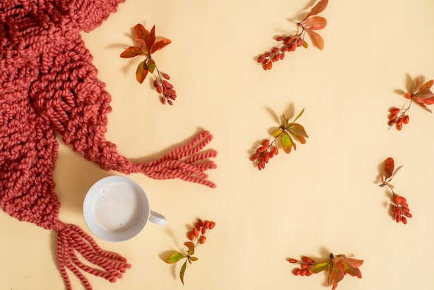 Herfstgerelateerde accessoires. Oranje sjaal en muts gebreid van wollen garen. Droge bladeren op een gele achtergrond. Herfst kaart. Gezellige lichte herfst t. Plat lag, bovenaanzicht. Kopie spase