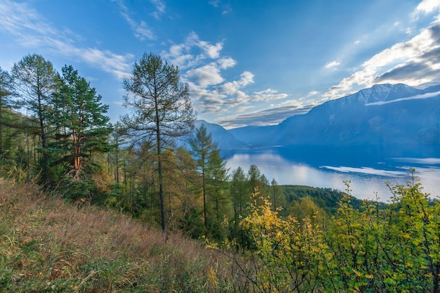 Herfstlandschap aan de kust van het meer Teletskoye Altai Mountains