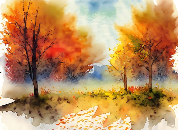 Foto herfstlandschap geschilderd met aquarellen op gestructureerd papier digitale aquarel schilderkunst