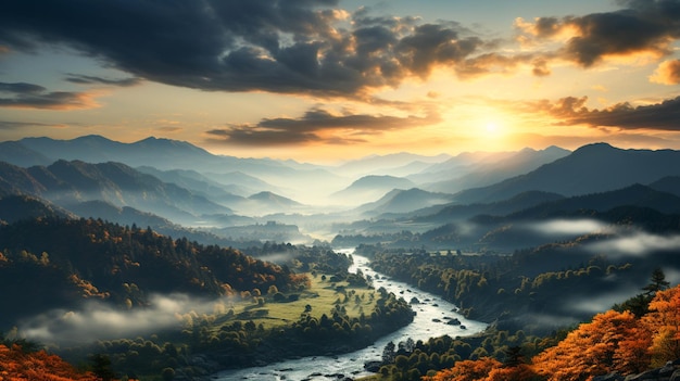 Herfstlandschap met bergen, bomen en mist bovenaanzicht