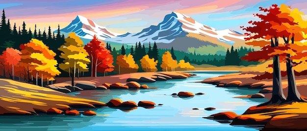 Herfstlandschap met bomen, bergen, velden, bladeren Landelijk landschap Herfst achtergrond Vector illustratie horizontale banner herfstlandschap bergen en esdoorns gevallen met geel blad