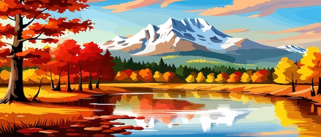Herfstlandschap met bomen, bergen, velden, bladeren Landelijk landschap Herfst achtergrond Vector illustratie horizontale banner herfstlandschap bergen en esdoorns gevallen met geel blad