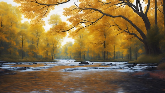 Herfstlandschap met een rivier in het bos en pittoreske gouden bomen AI generatie