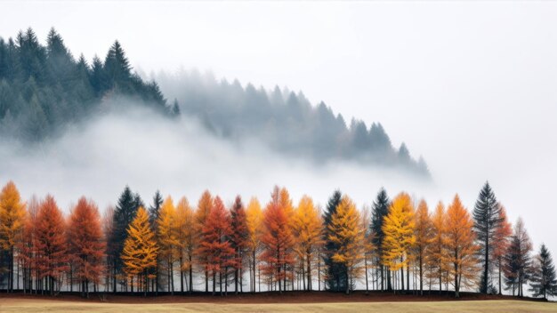 Herfstlandschap met kleurrijke lariksbomen op een mistige dag