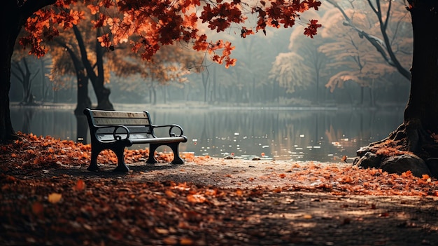 Herfstlandschap van het meer met prachtige herfstbomen en bank