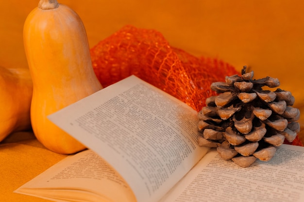 Herfstlay-out met pompoenen een boek en een bult op een oranje achtergrond