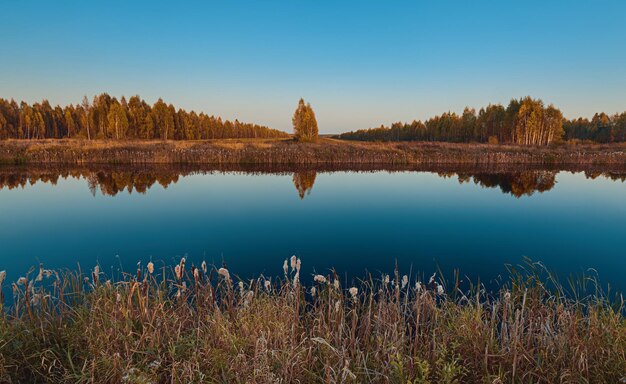 Herfstmeer met kalm blauw water en reflecties van gouden bossen, Rusland
