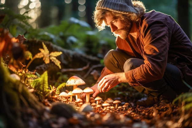 Herfstmycoloog Een persoon te midden van de herfsttinten van het bos die paddenstoelen onderzoekt Bruine en groene tinten omarmen de schimmelschoonheid van de natuur