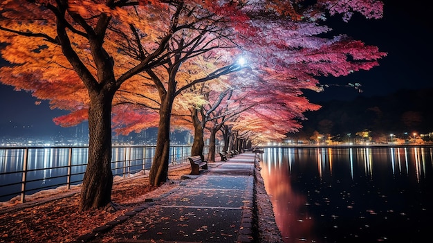 Herfstnacht Palette Kleurige bomen bij Fuji