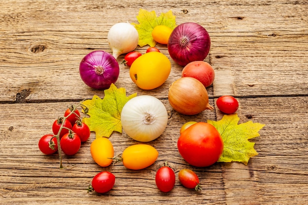 Herfstoogst groenten. Assortiment van verschillende soorten uien en tomaten