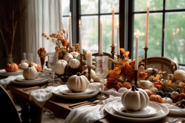 Foto herfstplaats met herfstbladeren en pompoenen voor herfsthuisdecoratie thanksgiving day viering met bestek en arrangement decor van herfstkaarsen en bloemen gegenereerd door ai