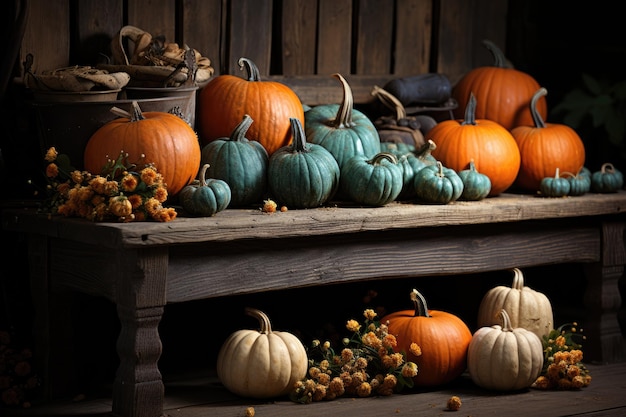 Herfstpompoenen op de bank naast het boerderijhuis Herfstlandschap Thanksgiving decoratie