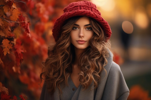 Herfstportret van een aantrekkelijke vrouw Val het gouden seizoen van het jaar vallende bladeren romantiek elegantie stijlvolle kleding presentabel Modetrend mooie combinatie van kleuren