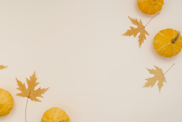 Herfstsamenstelling gele kleine pompoenen en gevallen gele bladeren ingelijst op beige achtergrond