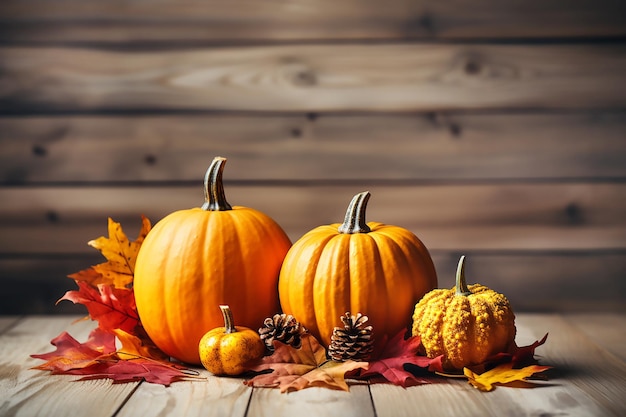 Herfstsamenstelling van pompoenen en esdoornbladeren op houten achtergrond kopieer ruimte voor tekst Generatieve AI