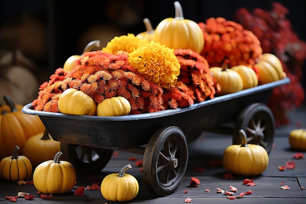 Herfstsamenstelling van pompoenen met oranje en gele bloemen in een tuinkruiwagen Generatieve AI