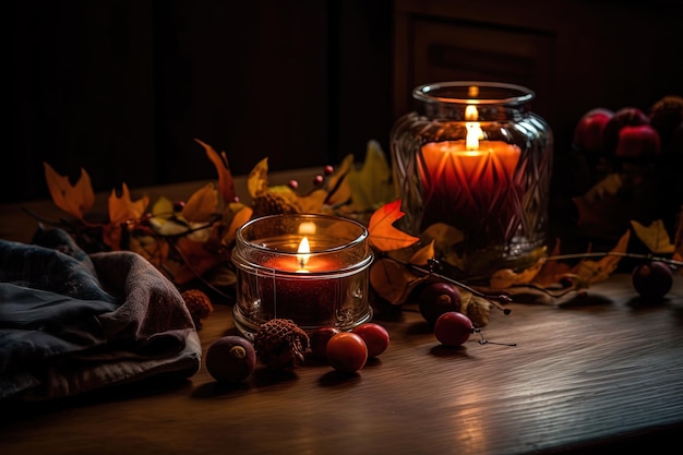 Herfstsfeerkaarsen en herfstbladeren op een houten tafel