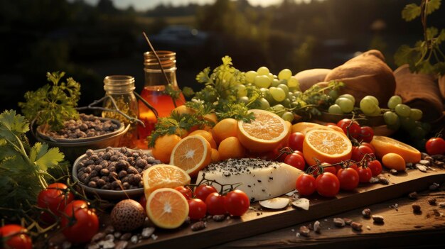 Foto herfststilleven met fruit, bessen en herfstbladeren op houten ondergrond