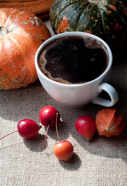 Herfststilleven met koffie, pompoen, physalis en kleine rode appels