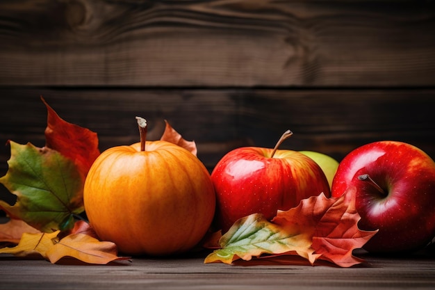 Herfststilleven met pompoenen appels en bladeren op houten achtergrond appels pompoenen en gevallen bladeren op houten achtergrond AI Generated