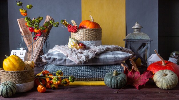 Herfststilleven met pompoenen en plaids