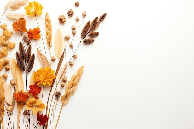 Herfstthema arrangement met droge bladbloemen en bessen op een witte achtergrond die de herfst symboliseert