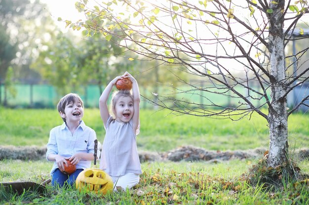 Herfsttradities en voorbereidingen voor de vakantie Halloween. Een huis in de natuur, een lamp gemaakt van pompoenen knipt uit aan tafel.