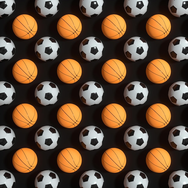 Foto herhalend sportbalpatroon met zwarte achtergrond 3d-rendering