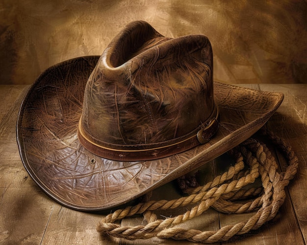 Foto l'eredità della corda di pelle arrotolata da cowboy per la corda e il rodeo con stivale e cappello tradizionali