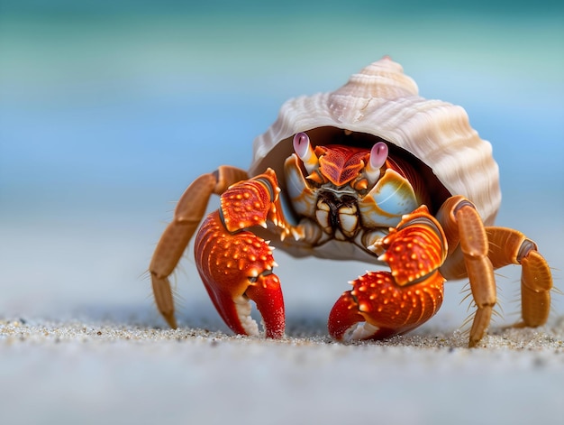 Hermit crab on the sand in the sea closeup