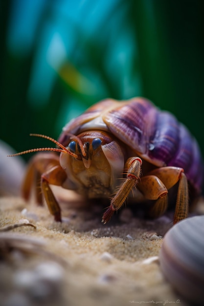 A hermit crab with a purple shell on its head