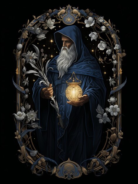 The Hermit's Light Dark Tarot Card with Lantern