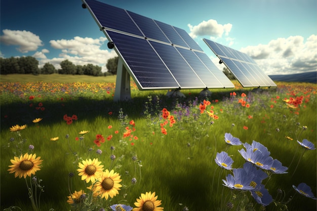 hernieuwbare energie achtergrond met fotovoltaïsche energie grote zonnepanelen op zonnebloemen veld