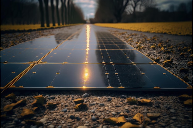 hernieuwbare energie achtergrond met fotovoltaïsche energie grote zonnepanelen op zonnebloemen veld