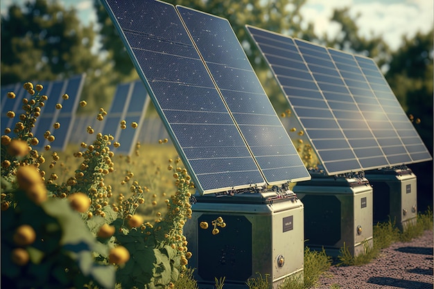 hernieuwbare energie achtergrond met fotovoltaïsche energie grote zonnepanelen op zonnebloemen veld