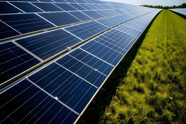 Hernieuwbare energie Een close-up van zonnepanelen in een groen veld met blauwe lucht en witte wolken in de Ba