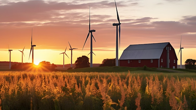 Hernieuwbare energieboerderij met windturbines en zonnepanelen tegen de achtergrond van een ondergaande zon