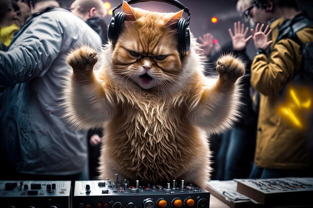 Hero cat dj maakt het publiek gek Gegenereerd door AI