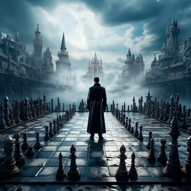 A hero on a chessboard in front of the world End of the game High quality illustration