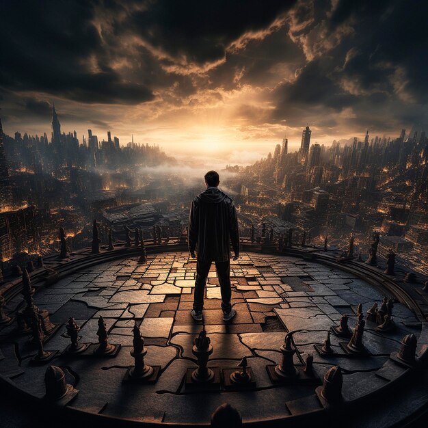 A hero on a chessboard in front of the world End of the game High quality illustration