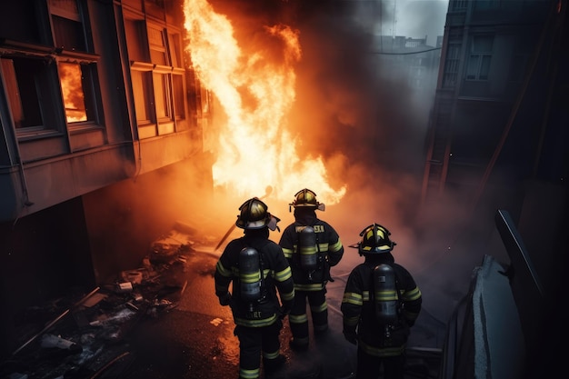 heroes in protective workwear rescuing a burning building amidst an inferno