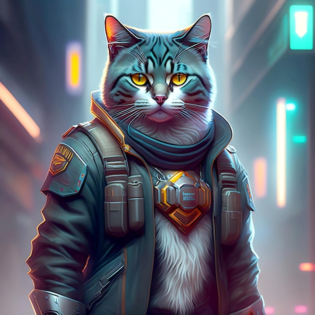 Героический кот-киберпанк, стоящий в одиночестве и держащий оружие в молчаливом и агрессивном режиме