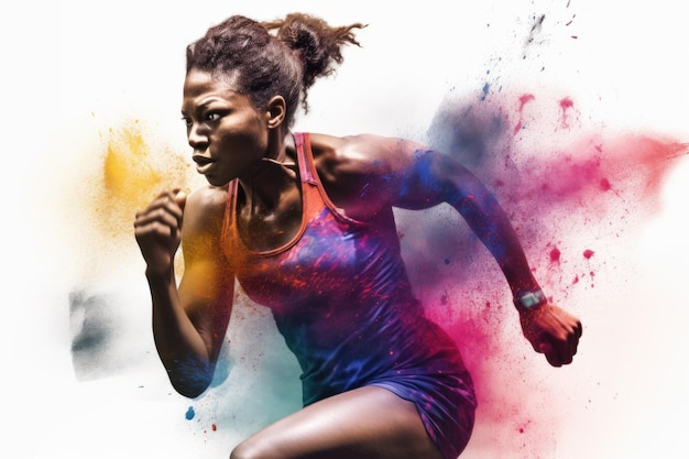 Героическая двойная экспозиция, красочное фото хорошо тренированной африканской бегуньи, быстро бегущей